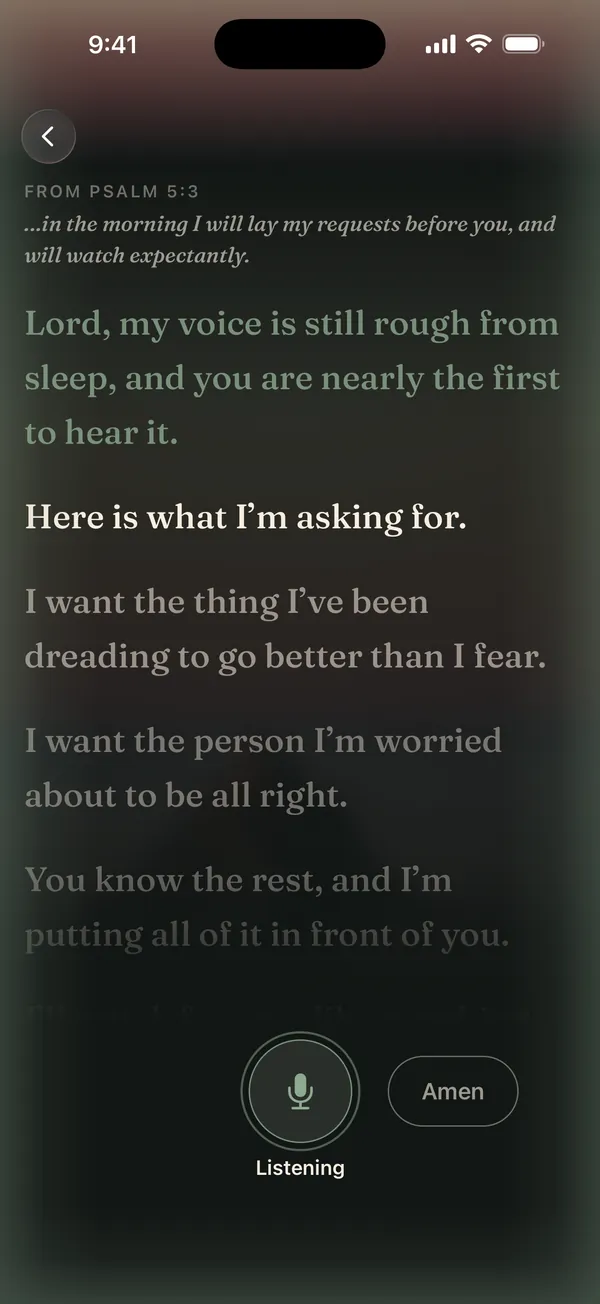 The prayer screen: one sentence is lit while the microphone listens.