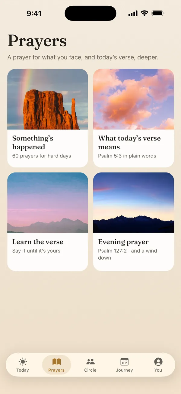 The Prayers tab: prayers for hard days, today's verse in plain words, learn the verse, evening prayer.